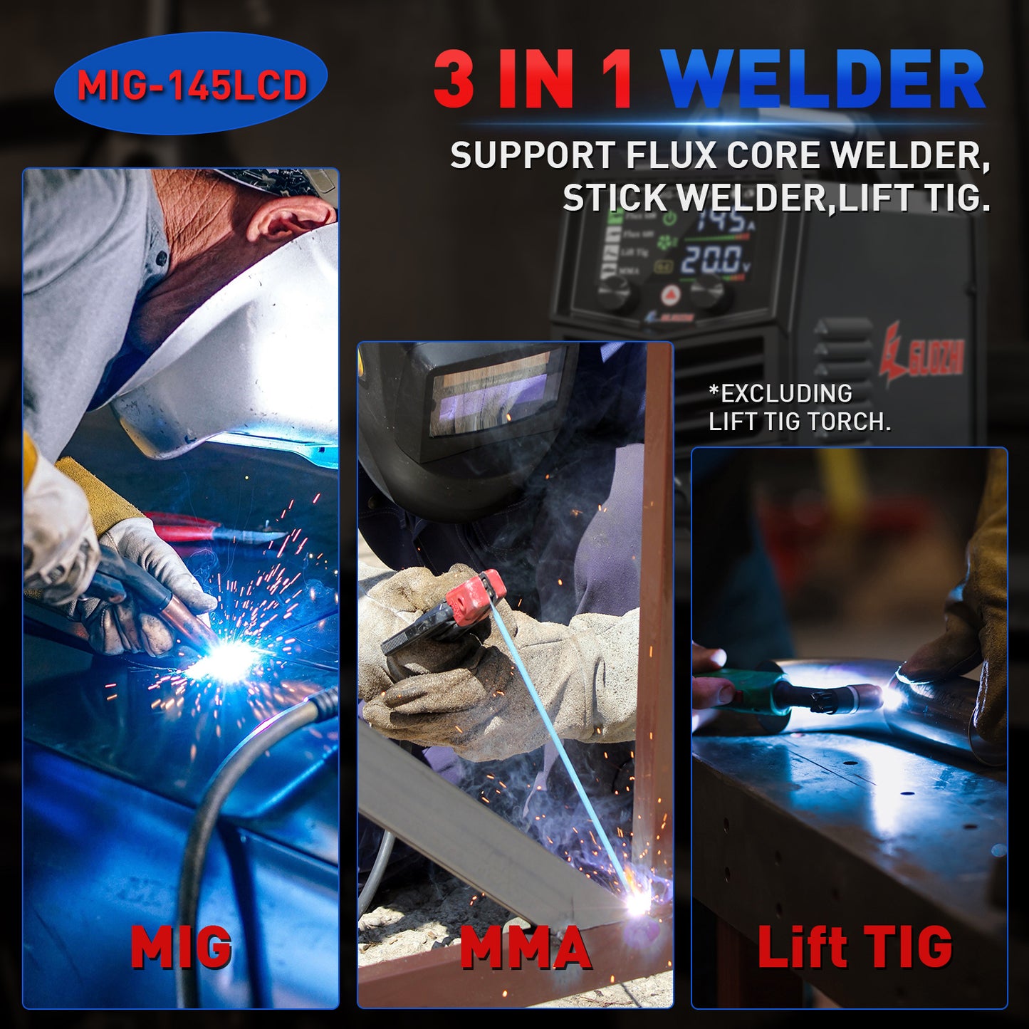 GZ GUOZHI Welder Machine, LCD 3 in 1 Welder,MIG Welder,Stick Welder ,Lift TIG, With Flux Core Welding Wire( E71T-GS)