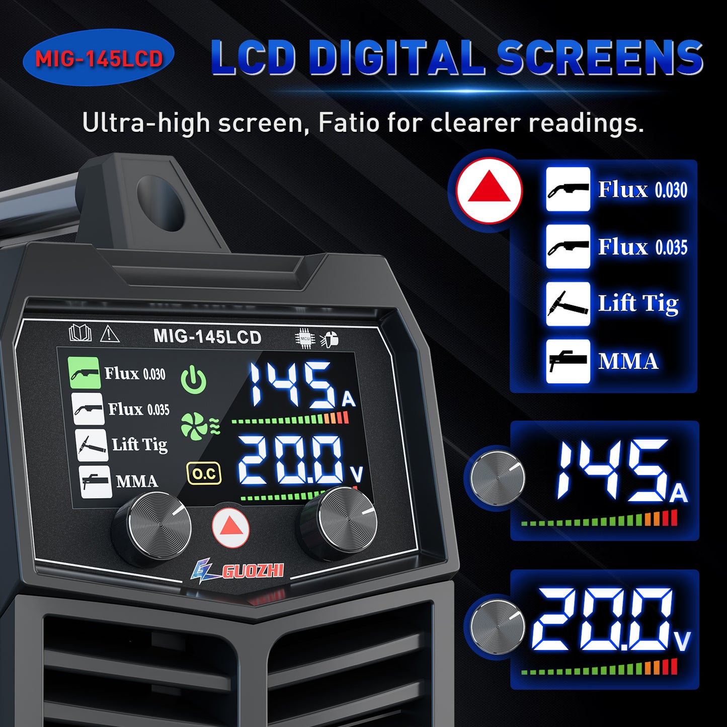 GZ GUOZHI Welder Machine, LCD 3 in 1 Welder,MIG Welder,Stick Welder ,Lift TIG, With Flux Core Welding Wire( E71T-GS)
