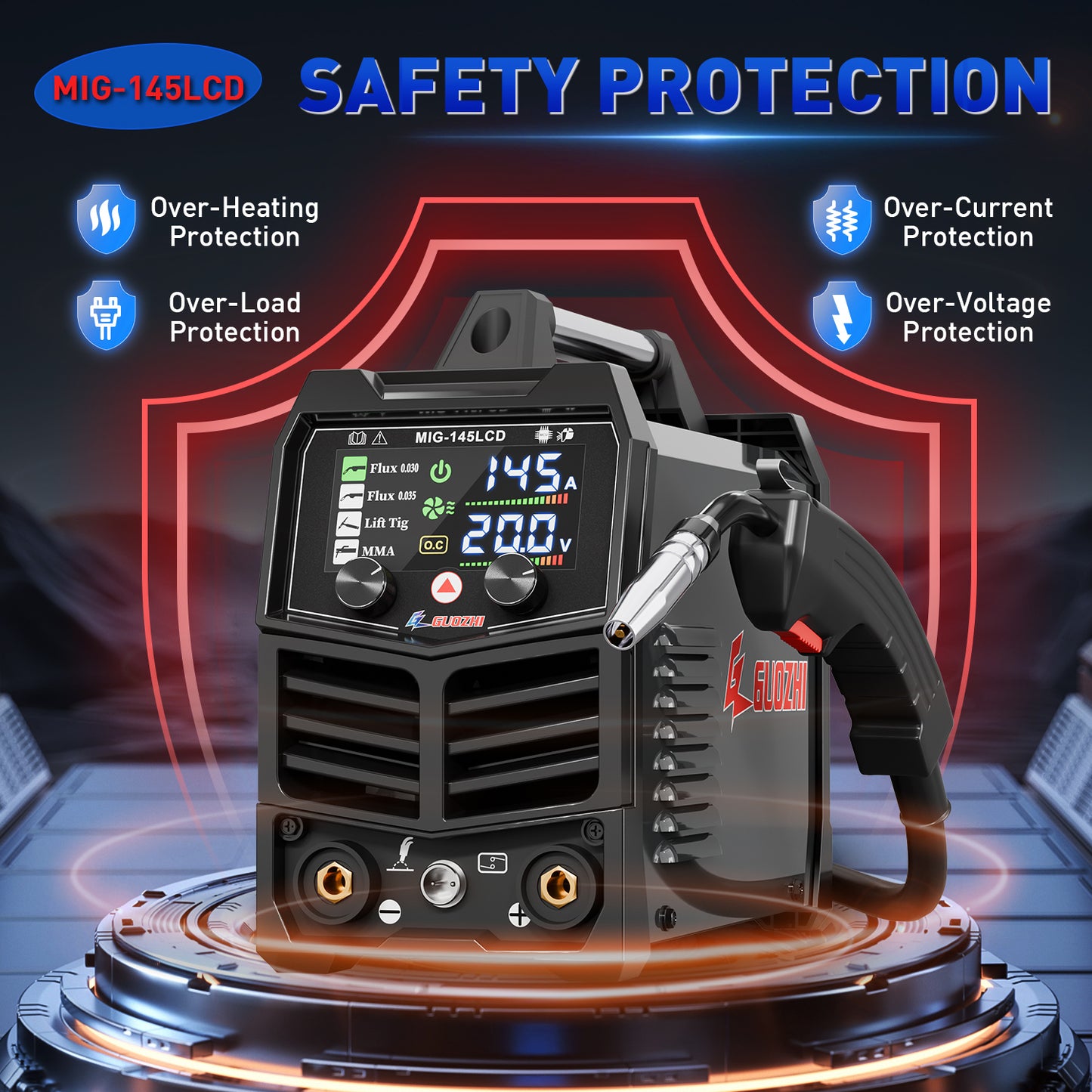 GZ GUOZHI Welder Machine, LCD 3 in 1 Welder,MIG Welder,Stick Welder ,Lift TIG, With Flux Core Welding Wire( E71T-GS)