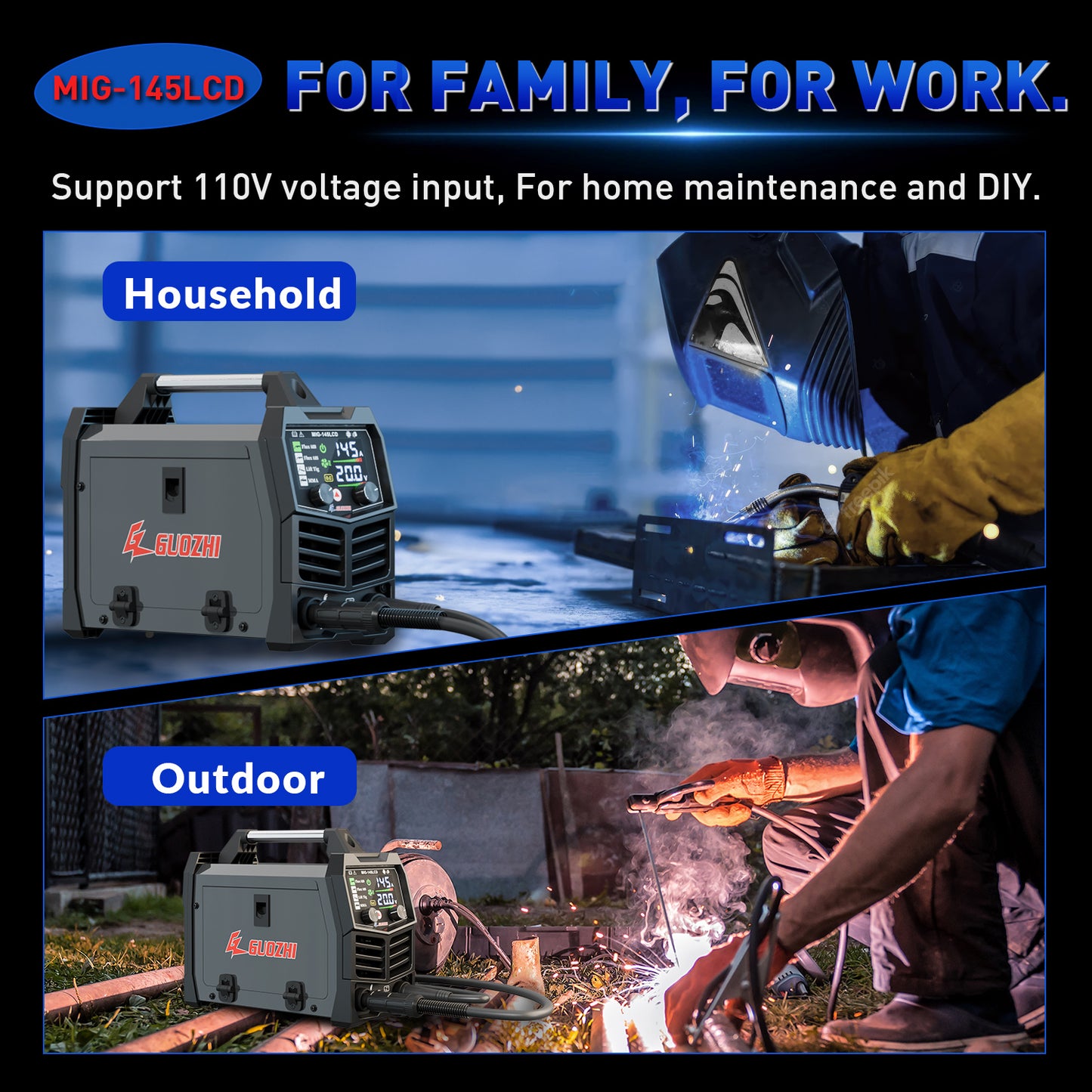 GZ GUOZHI Welder Machine, LCD 3 in 1 Welder,MIG Welder,Stick Welder ,Lift TIG, With Flux Core Welding Wire( E71T-GS)