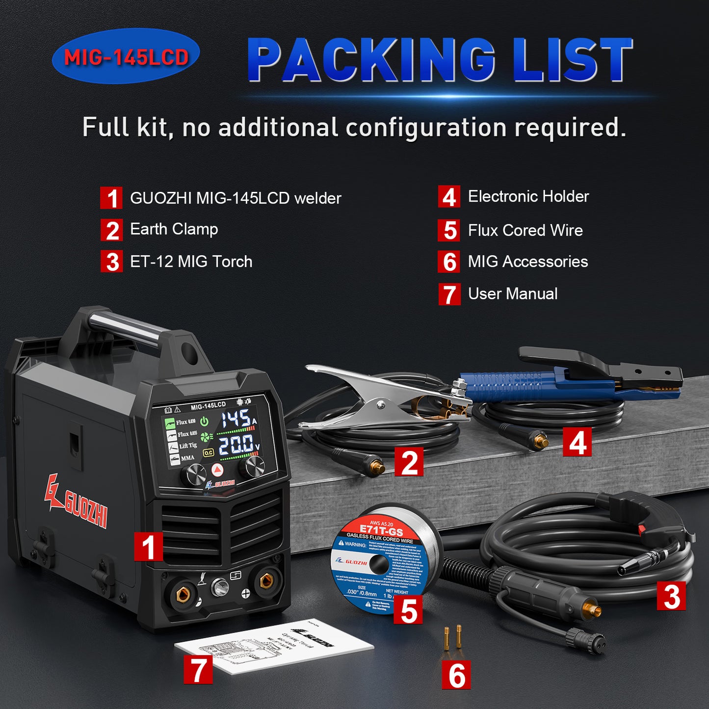 GZ GUOZHI Welder Machine, LCD 3 in 1 Welder,MIG Welder,Stick Welder ,Lift TIG, With Flux Core Welding Wire( E71T-GS)