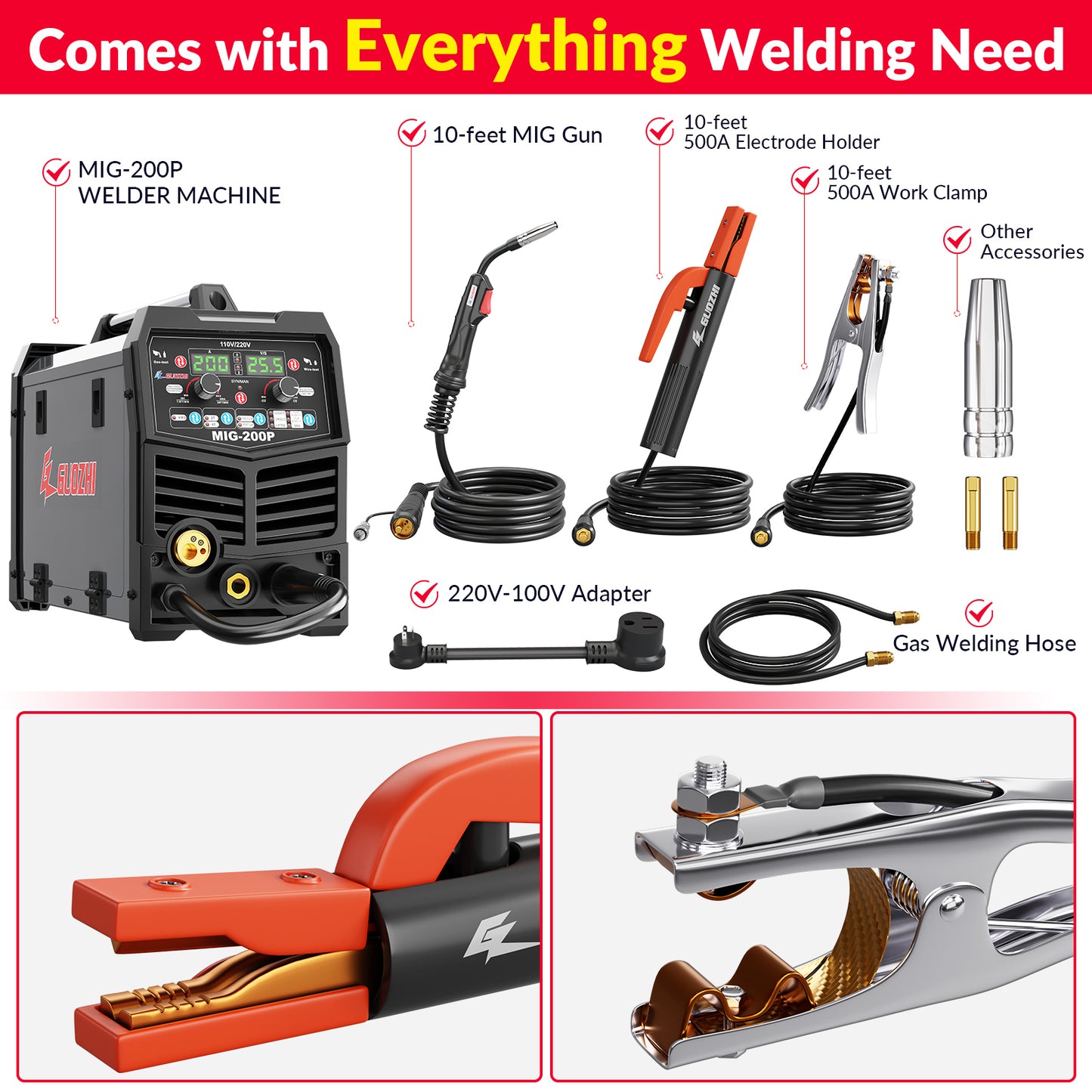 GZ GUOZHI 110V/220V 200A MIG Welder, 7 in 1 Multi-Process Welding Machine, Gas MIG/MAG, Gasless Flux Core MIG, Lift TIG, Stick, Spot Welding, Spool Gun