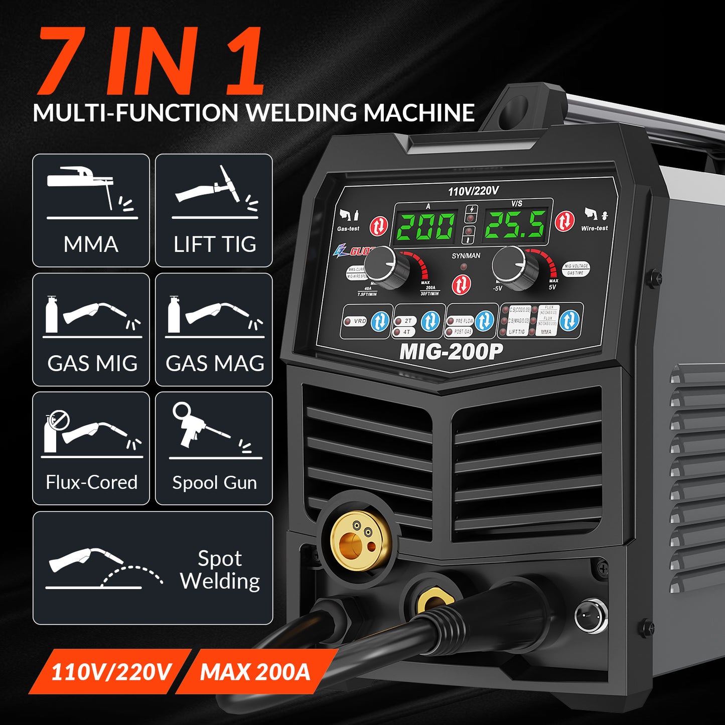 GZ GUOZHI 110V/220V 200A MIG Welder, 7 in 1 Multi-Process Welding Machine, Gas MIG/MAG, Gasless Flux Core MIG, Lift TIG, Stick, Spot Welding, Spool Gun