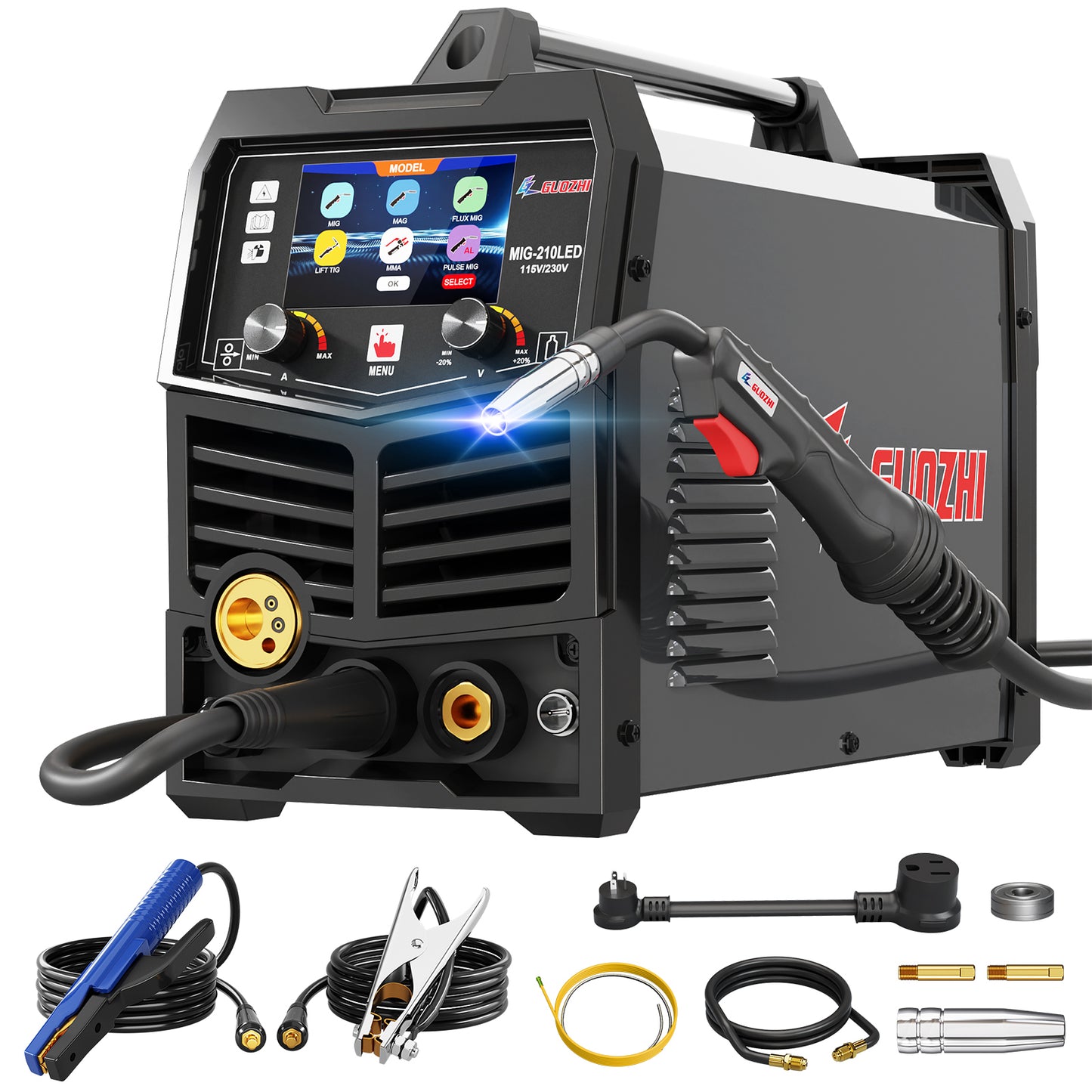 GZ GUOZHI 110V/220V 200A MIG Welder, 7 in 1 Multi-Process Welding Machine, Gas MIG/MAG, Gasless Flux Core MIG, Lift TIG, Stick, Spot Welding, Spool Gun