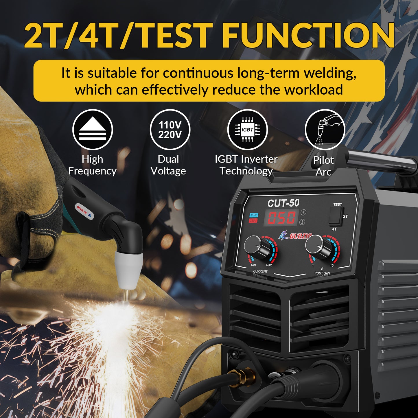 GZ GUOZHI 50Amp Plasma Cutter, Dual Voltage 110V/220V, 10MM Clean Cut, Air Cutter with Pre-Flow, Post-Gas, 2T/4T Modes