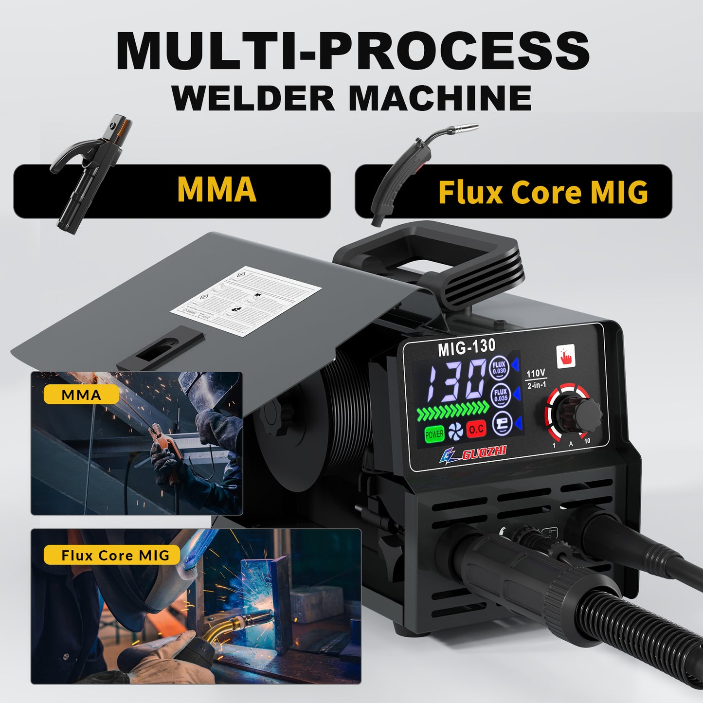 GZ GUOZHI 130A Portable MIG Welder,110V 2 in 1 Gasless Flux Core MIG/Stick Welding Machine with Large LED Display (8.5 LB)