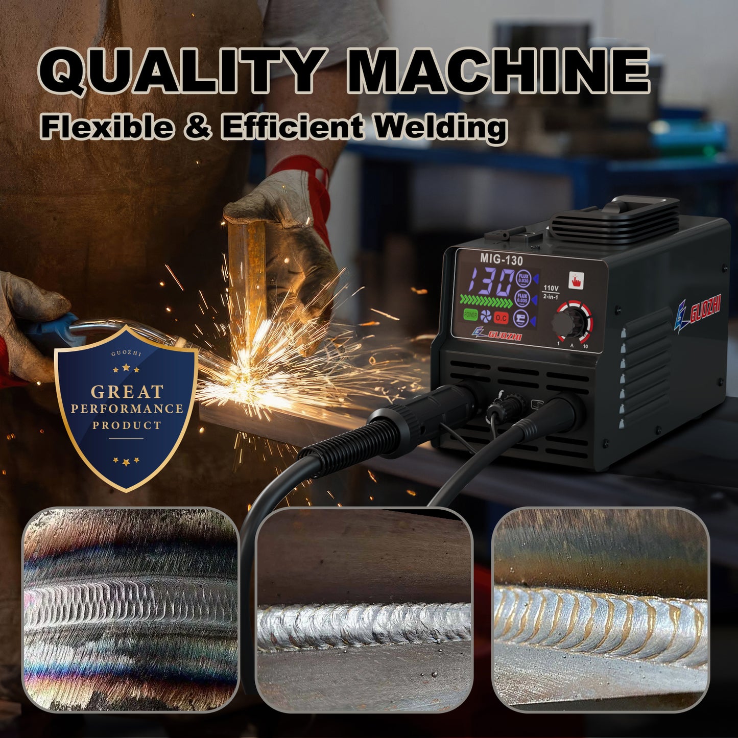 GZ GUOZHI 130A Portable MIG Welder,110V 2 in 1 Gasless Flux Core MIG/Stick Welding Machine with Large LED Display (8.5 LB)