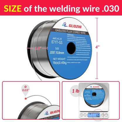 GZ GUOZHI Flux Core Welding Wire, E71T-GS .030" 1-Pound Spool Gasless Mild Carbon Steel Mig Welding Wire